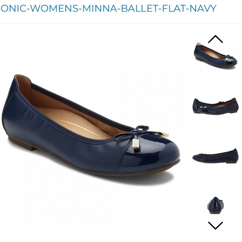 Vionic navy blue women’s flats with gold tipped bows